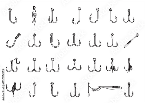 Collection of various fishing hooks in minimalist black and white design