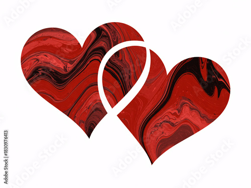 Romantic swirling crimson hearts entwined on white, perfect for Valentine's Day promotions or heartfelt greeting cards with a touch of artistic flair