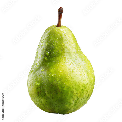 Ripe Green Pear With Water Droplets on a White Background Showcasing Its Fres...