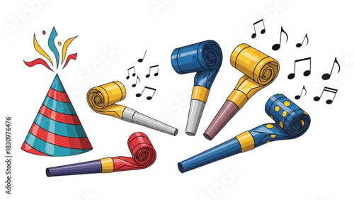 Party celebration elements like noise makers and party hat with musical notes