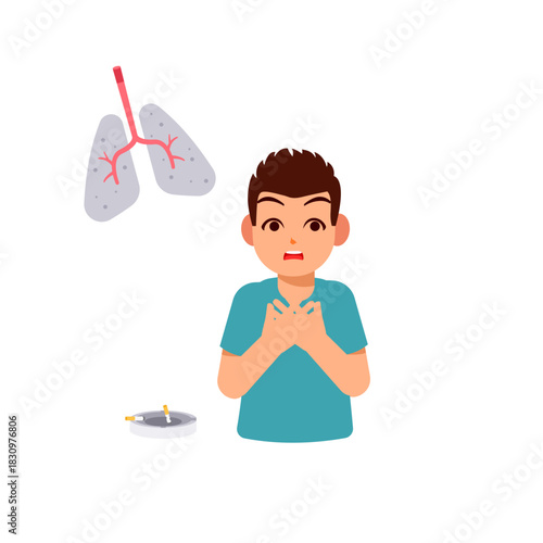 Vector illustration of the severe health consequences of heavy smoking, focusing on respiratory damage and addiction