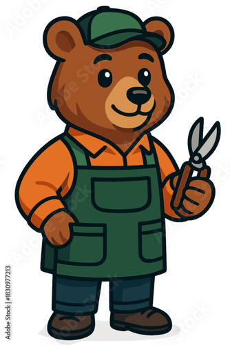 Friendly bear gardener holding pruning shears wearing an apron in a cartoon style