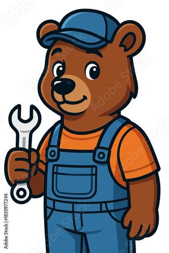Friendly bear mechanic holding a wrench in overalls and cap, ready for repairs and maintenance work