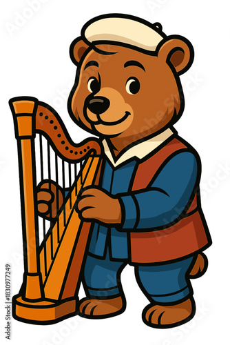 Cute bear playing a harp in a colorful outfit with a cap and smiling cheerfully