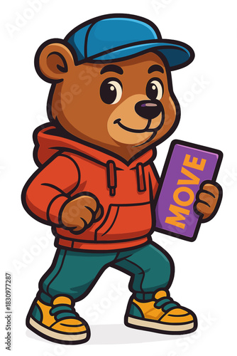 Cute bear character wearing a cap and hoodie holding a sign promoting the idea to move and be active in a fun way