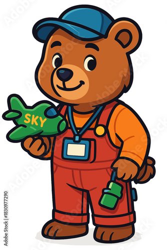 Bear holding a toy airplane and a green bottle, dressed in overalls and cap