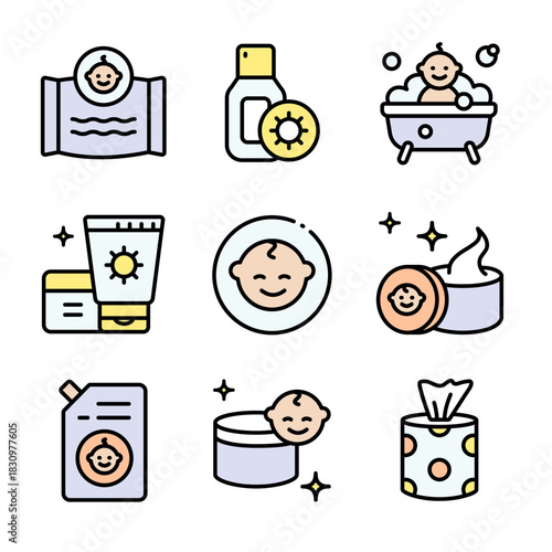 Baby cosmetics color icons set. Cosmetic bottles and beauty products for skincare routine, moisturizing and cleansing. Vector symbols isolated on white background.
