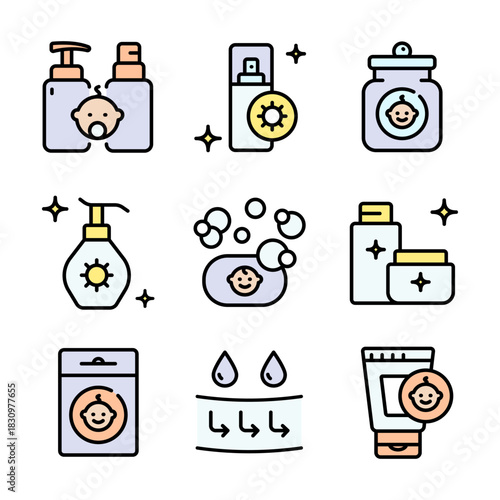 Baby cosmetics color icons set. Cosmetic bottles and beauty products for skincare routine, moisturizing and cleansing. Vector symbols isolated on white background.