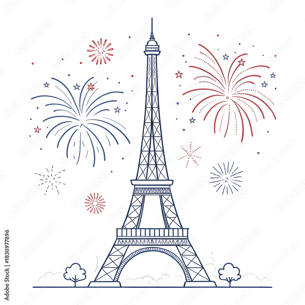 Fototapeta premium A minimal Eiffel Tower design accented with small abstract fireworks creating a festive modern visual highlighting