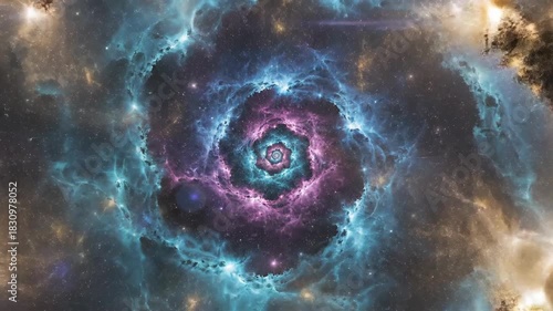 Swirling cosmic vortex with fractal edges, bathed in soft light, blending purple, gold, and blue hues