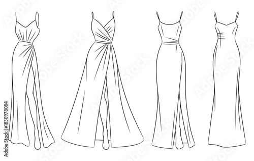 Evening Gown CAD Drawing Showing Front And Back Views With Spaghetti Strap Dress And High Slit Detail In Flat Vector Illustration For Fashion Sketch And Elegant Apparel Design Template Layout