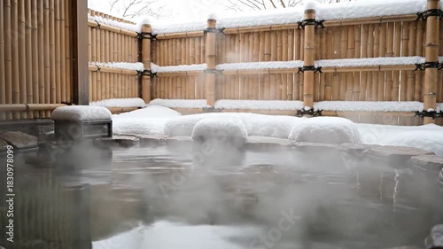 Steaming Hot Spring Water Surrounded By Snow And Bamboo Fence In A Serene Winter Landscape With Soft Diffused Light Creating A Peaceful Atmosphere
