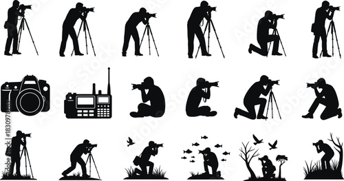 Professional Photographer Silhouettes Set with Camera, Tripod, and Radio, Capturing Wildlife or Scenery for Photography, Journalism, Media, or Hobby Vector Illustration