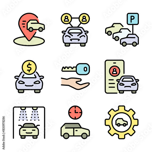 Car Sharing icons set includes driver, dealing, checking, license, app, sell route. Related car rent, repair, transport, and travel. Color symbols vector collection