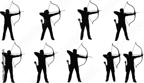 Silhouette archers aiming bows in multiple poses, dynamic archery action vector illustration showing shooting stance and weapon technique, perfect for sports design and activity concepts