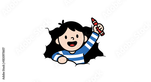 Cheerful cartoon girl bursting through a paper holding a red crayon with joy and enthusiasm
