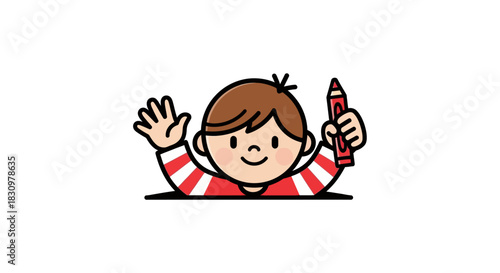 Enthusiastic young artist waving with crayon in hand ready to create a masterpiece