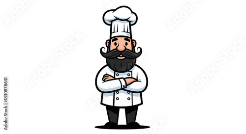 Cartoon illustration of a proud chef with a classic chef's hat and imposing beard