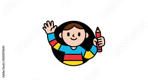 Cheerful cartoon boy waving and holding a red pencil conveying creativity and imagination in a