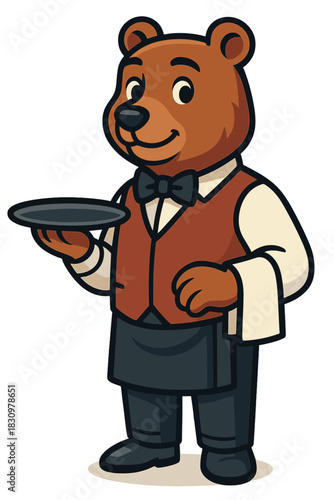 Cute bear waiter serves food with a smile in a whimsical restaurant setting