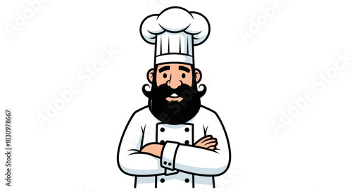A charming cartoon chef with a magnificent beard and a tall white hat posing confidently