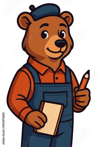 Cheerful bear character dressed as a worker holding a pencil and clipboard in a cartoon style setting