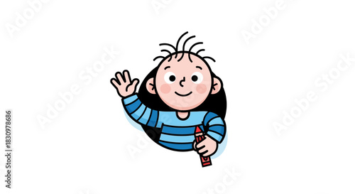 Charming cartoon of child waving with crayon ready to create colorful art
