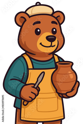 Bear artisan working on pottery while holding an earthen jar in a sunny workshop setting