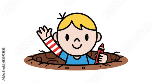 Cartoon boy holding crayon waving from a hole creates a colorful drawing experience