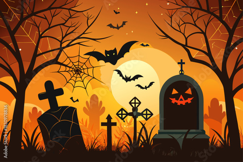 Halloween background with tombstone bats and spider web against orange textured gradient background.