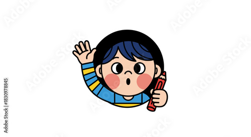 Animated boy with pencil raises his hand in a circular frame on white background, ready for