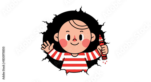 Cartoon child joyfully bursts through a paper wall, holding a red crayon with playful enthusiasm
