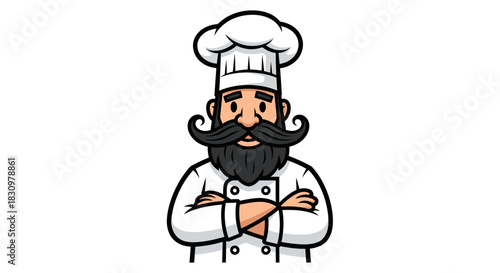Cartoon Culinary Expert with Elaborate Moustache and White Chef's Hat Confidently Posing