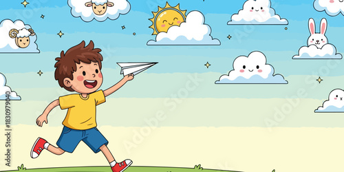 Happy Boy Playing with Paper Airplane Under Sunny Sky