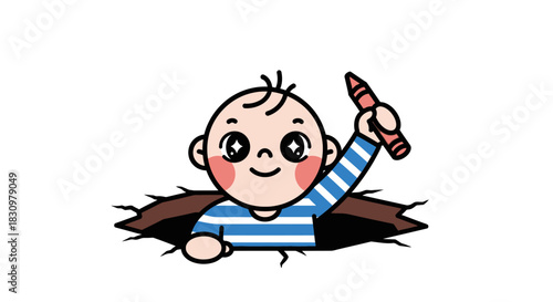 Cute cartoon baby illustration with a crayon emerging from a hole cheerfully