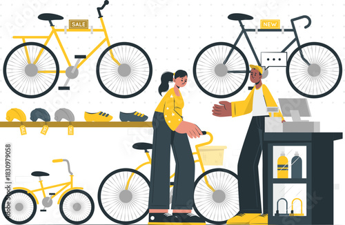 Bicycle shop with customers and bikes store retail