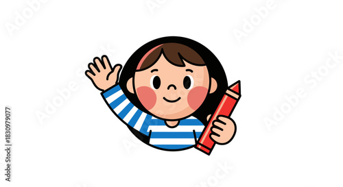 Cartoon character waving with red crayon invites you to participate in artistic endeavors