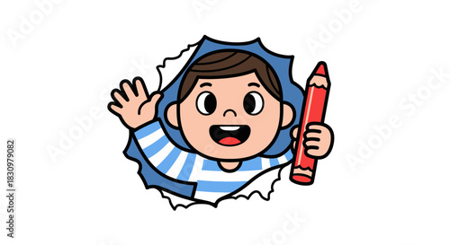 Cheerful cartoon artist bursting through paper with red crayon in hand waving enthusiastically
