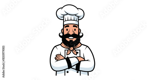 Confident cartoon chef with crossed arms, ready to serve culinary excellence and delightful