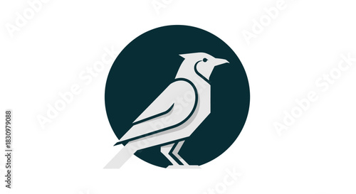 Geometric raven emblem against dark blue circular backdrop offering modern elegance