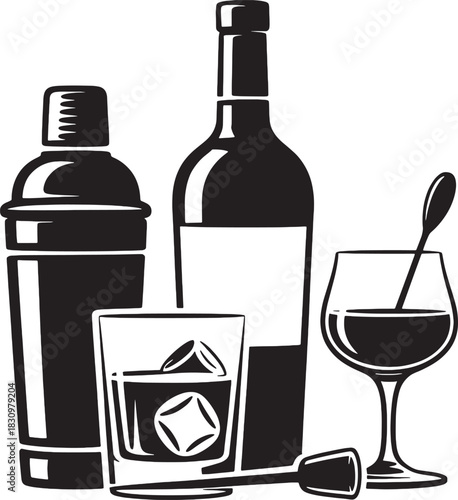 Bar Tools and Alcoholic Beverages for Cocktails and Drinks 