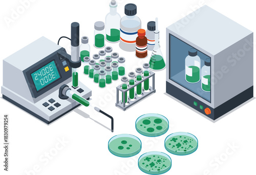 Biological Laboratory Experiment Setup with Digital Dispenser, Green Chemical Samples, Petri Dishes, Data Sheets, and Incubation Storage Unit