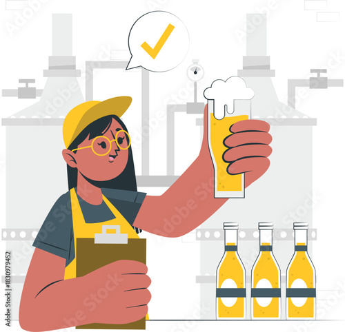 Brewery worker inspecting a glass of beer with bottles and machinery craft beer alcohol