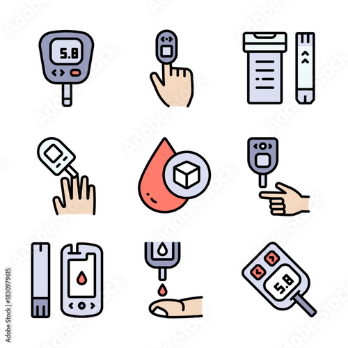 Glucometer Device color icons set. Performing blood glucose tests using glucometers. Glucose Test, Diabetic Consultation, Health Support.