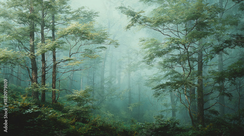 A misty, ethereal forest scene with towering trees shrouded in fog, creating a serene and mysterious atmosphere.