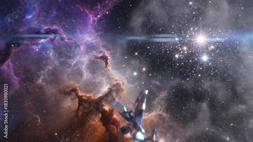 Swirling cosmos portal of iridescent space-time, featuring scattered, geometric structures amidst nebula and stardust