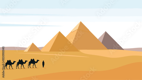 Egyptian Pyramids and Camel Caravan in the Sahara Desert: A Vector Illustration for Travel, Tourism, and Historical Themes
