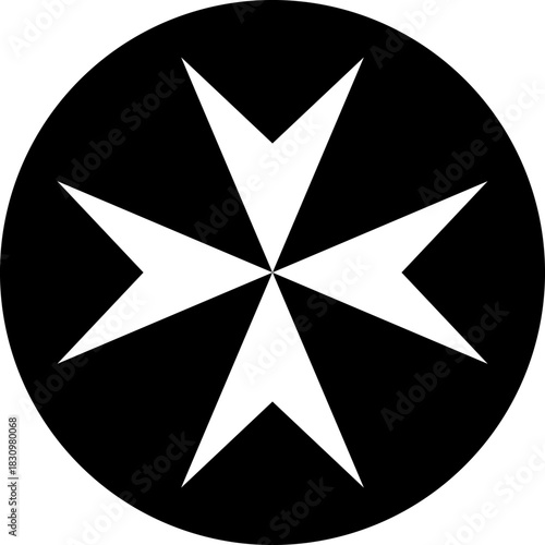Monochrome vector graphic of a white maltese cross on a black background. The Maltese cross symbolizes courage, chivalry, and protection, most famously associated with the Knights of St. John