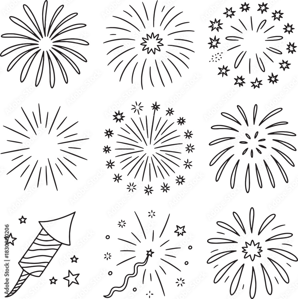 Obraz premium Collection of hand-drawn firework illustrations in black and white fireworks explosion