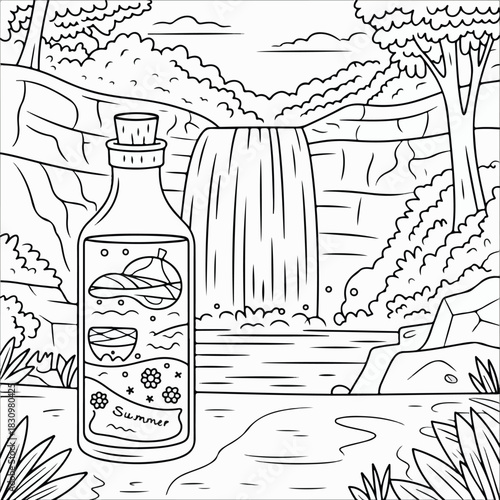 Hand drawn vector sketch illustration of a vintage black wine bottle and glass art design